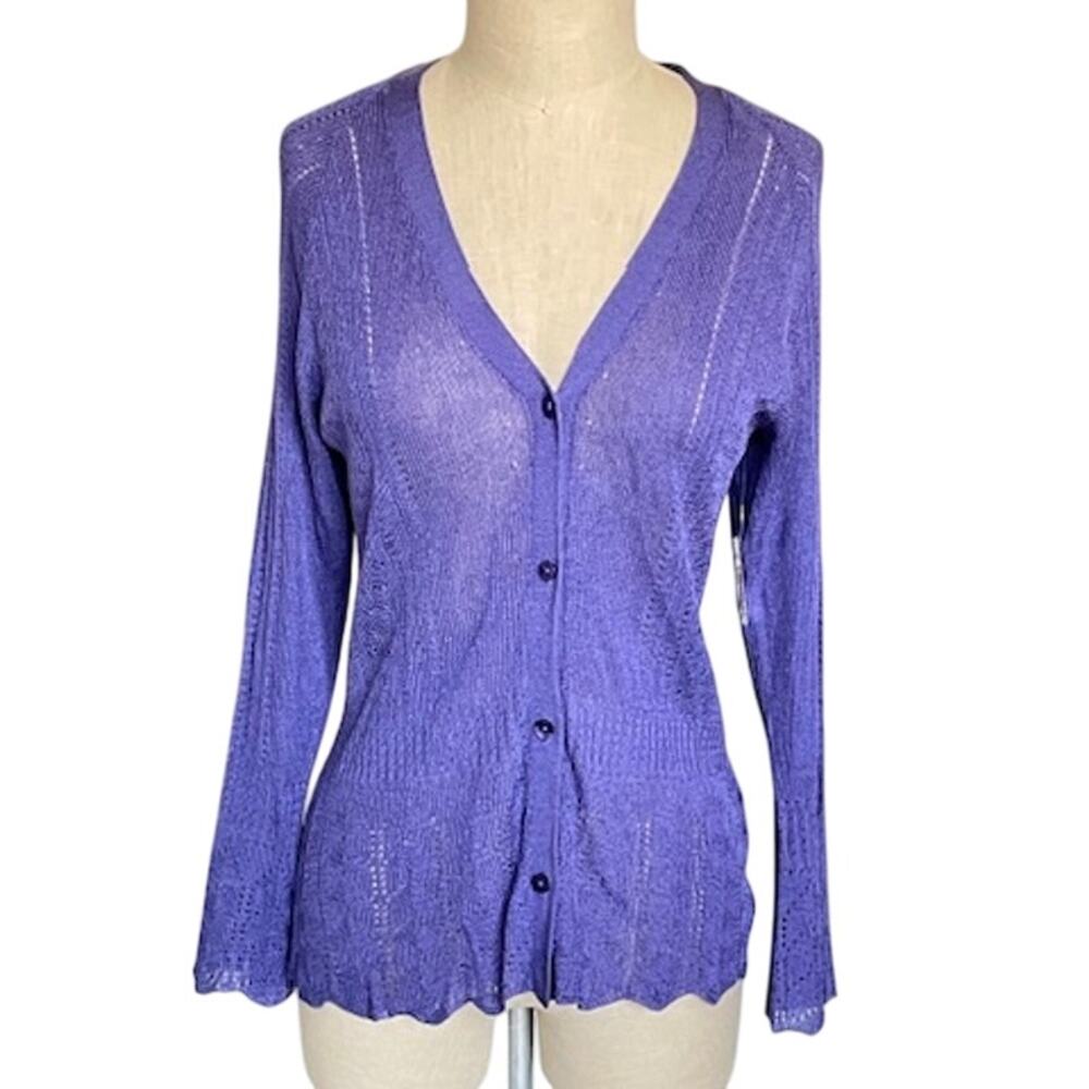Jones New York Purple Lightweight Pointelle Design Sheer Cardigan Sweater